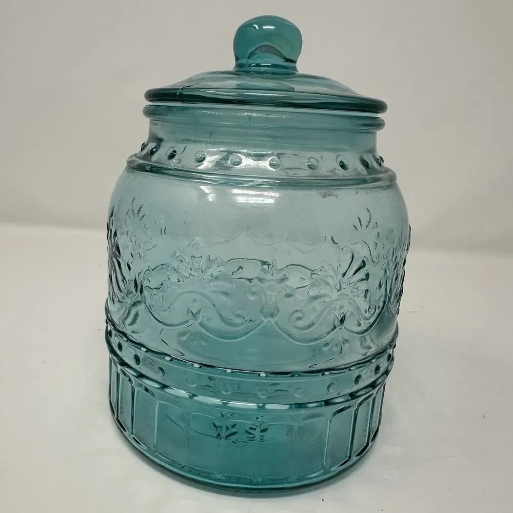The Pioneer Woman Cassie Teal Embossed Glass Canister 3-Piece Set READ